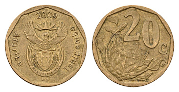 ЮАР 20 центов 2009 герб, цветок протея KM 466 сталь плакированная бронзой 4687-643