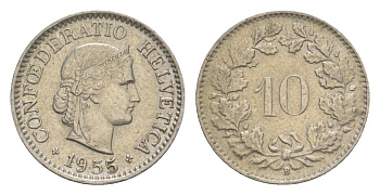 Швейцария 10 раппенов 1955 B KM 27 медно-никель 4625-218