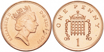 Великобритания 1 пенни 1997 Елизавета II (1952-2022) KM 935a, Spink 4391 (B4) сталь плакированная медью UNC 201-153