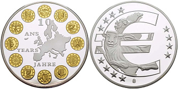 НИДЕРЛАНДЫ МЕДАЛЬ 2012 СЕРИЯ 10 ЛЕТ ЕВРО, ЦЕНТРАЛЬНАЯ МЕДАЛЬ С ИЗОБРАЖЕНИЕМ ВСЕХ СТРАН ЕВРОСОЮЗА, СЕРЕБРЕНИЕ, ПОЗОЛОТА, ДИАМЕТР 40 ММ., ПОХИЩЕНИЕ ЕВРОПЫ PROOF 1082-6-61