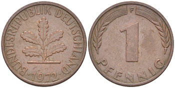 ФРГ 1 ПФЕННИГ 1972 F KM 105, J. 380 сталь плакированная медью 4181-565