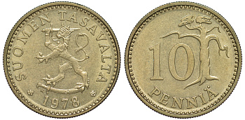 ФИНЛЯНДИЯ 10 ПЕННИ 1978 K KM 46 алюминиевая бронза 3334-1135