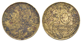 Франция 20 сантимов 1994 KM 930, Le Franc 156.37 алюминиевая бронза 4652-441