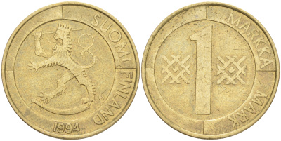 ФИНЛЯНДИЯ 1 МАРКА 1994 M KM 76 алюминиевая бронза 4556-536