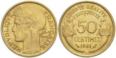 Франция 50 сантимов 1941 тип Морлон KM 894.1, Le Franc 192.18 алюминиевая бронза 44-365