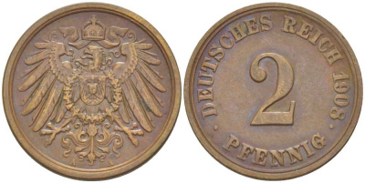 ГЕРМАНИЯ 2 ПФЕННИГА 1908 A KM 16, J. 11, Weege 4 медь 206-541