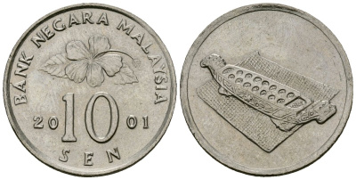 Малайзия 10 сенов 2001 цветок KM 51 медно-никель 4173-1012