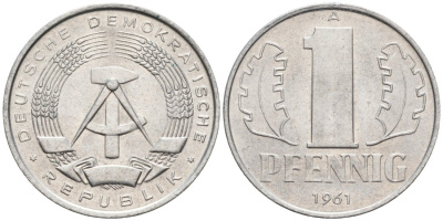 ГДР 1 пфенниг 1961 А KM 8.1 алюминий aUNC 4564-1014
