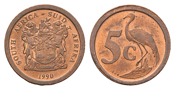 ЮАР 5 центов 1990 герб, райский журавль KM 134 сталь плакированная медью UNC 4687-145