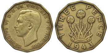 Великобритания 3 пенса 1943 Георг VI (1936-1952) KM 849, Spink 4112 никель латунь 4122-915