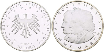 ФРГ 10 евро 2012 F, 200 ЛЕТ СКАЗКАМ БРАТЬЕВ ГРИММ KM 310 серебро PROOF 1084-7-71