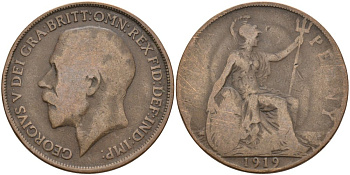 Великобритания 1 пенни 1919 Георг V (1910-1936) KM 810, Spink 4051 бронза 4572-1234