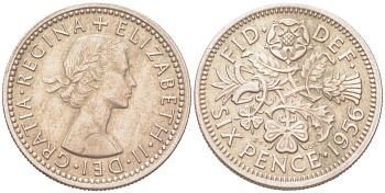 Великобритания 6 пенсов 1956 Елизавета II (1952-2022) KM 903, Spink 4149 медно-никель 4614-825