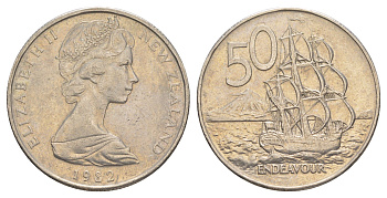 Новая Зеландия 50 центов 1982 Елизавета II (1952-2022), парусник Индевор KM 37.1 медно-никель 4384-825