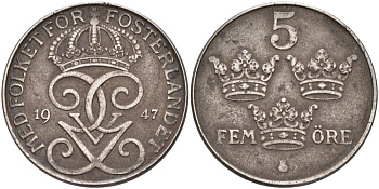 Швеция 5 эре 1947 Густав V (1907-1950) KM 812 железо 4557-723