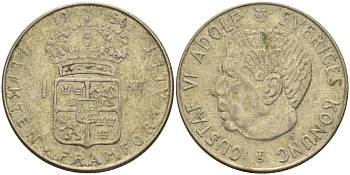 Швеция 1 крона 1954 TS, Густав VI Адольф (1950-1973) KM 826 серебро 4148-1136