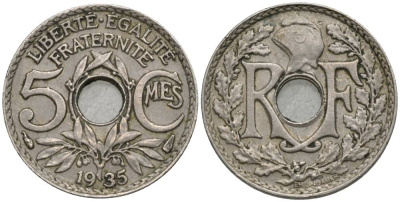 ФРАНЦИЯ 5 САНТИМОВ 1935 ТИП LINDAUER, PETIT MODULE KM 875, LE FRANC 122.18 медно-никель 4549-1236