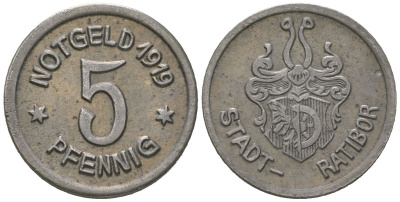 Ратибор (Силезия) 5 пфеннингов 1919 Funck 438.4, Men05 21145.4, Men18 26408.4 железо 4164-147