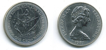 Остров Мэн 1 крона 1981 приз герцога Эдинбургского, мотоспорт, яхтинг, скалолазание КМ 76 медно-никель UNC 58-824