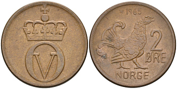 Норвегия 2 эре 1965 глухарь, Улаф V (1958-1991) KM 410 бронза аUNC 4582-527