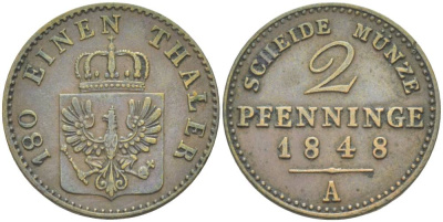 Пруссия 2 пфеннига 1848 A, Фридрих Вильгельм IV (1846-1860)  KM 452, Jaeger 43, Olding 336, AKS 91. медь 1517-1145