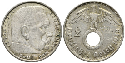 Германия 2 рейхсмарки 1938 В, Гинденбург, символика KM 93, J.366 серебро 4577-527