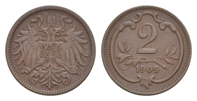 Австрия 2 геллера 1909 Франц Иосиф I (1848-1916) KM 2801 бронза 4639-1025