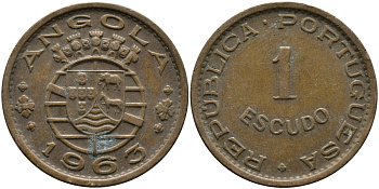 Португальская Ангола 1 эскудо 1963 KM 76 бронза 33-925