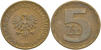 Польша 5 злотых 1976 монетный двор Ленинград (ЛМД) KM 81.1, Parchimowicz 221b латунь 3856-1053