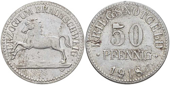 Брауншвейг 50 пфеннигов 1918 НОТГЕЛЬД, ВЕЙМАРСКАЯ РЕСПУБЛИКА железо 210-146