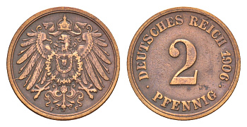 Германия 2 пфеннига 1906 F, Вильгельм II (1888-1918) KM 16, J. 11, Weege 4 медь 4639-1214