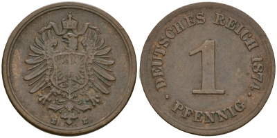 Германия 1 пфенниг 1874 E, Вильгельм I (1871-1888) KM 1, J. 1 медь 1524-421