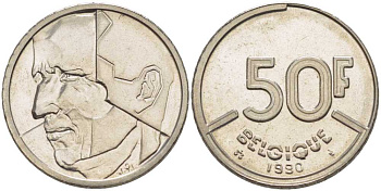 БЕЛЬГИЯ 50 ФРАНКОВ 1990 BELGIQUE, БОДУЭН I (1951-1993) KM 168 никель 210-944