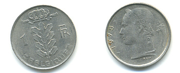 БЕЛЬГИЯ 1 ФРАНК 1975 BELGIQUE KM 142.1 медно-никель 86-1336