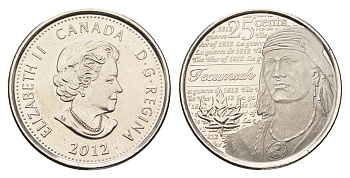 Канада 25 центов 2012 серия герои Канады в войне 1812-1815, вождь шауни Текумсе KM 1324 сталь плакированная никелем UNC 110-335