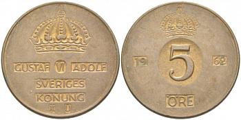 Швеция 5 эре 1962 U Густав VI Адольф (1950-1973) KM 822 бронза 77-526
