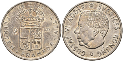 Швеция 2 кроны 1969 U, Густав VI Адольф (1950-1973) KM 827a медно-никель 4149-132
