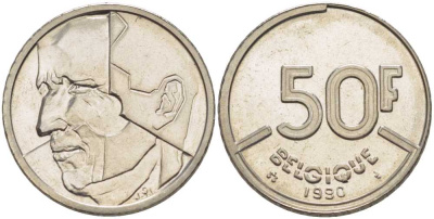 БЕЛЬГИЯ 50 ФРАНКОВ 1990 BELGIQUE, БОДУЭН I (1951-1993) KM 168 никель 210-944