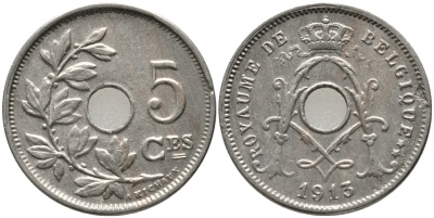 БЕЛЬГИЯ 5 САНТИМОВ 1913 BELGIQUE KM 66 медно-никель 76-512