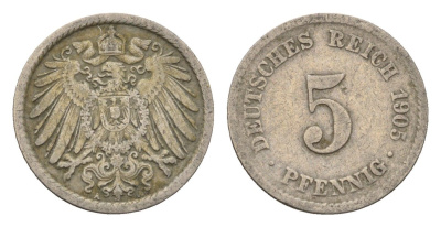 Германия 5 пфеннигов 1905 A KM 11, J. 12 медно-никель 4696-627