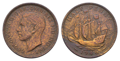 Великобритания 1/2 пенни 1946 Георг VI (1936-1952) KM 844, Spink 4115 бронза 4519-412