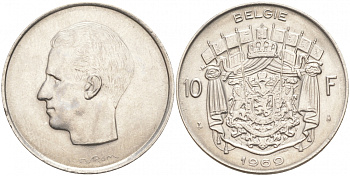 БЕЛЬГИЯ 10 ФРАНКОВ 1969 BELGIE, БОДУЭН I (1951-1993) KM 156.1 никель 69-234