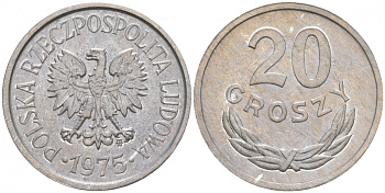 ПОЛЬША 20 ГРОШЕЙ 1975 MW KM А47 алюминий UNC 4516-527