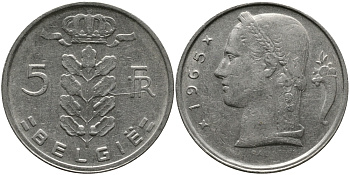 БЕЛЬГИЯ 5 ФРАНКОВ 1965 BELGIE KM 135.1 медно-никель 98-544