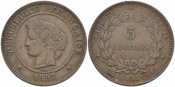 ФРАНЦИЯ 5 САНТИМОВ 1897 А, ТРЕТЬЯ РЕСПУБЛИКА (1871-1940) KM 821.1, LE FRANC 118.41 бронза 108-652