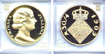 НИДЕРЛАНДЫ МЕДАЛЬ ND 30 АПРЕЛЯ 1909 ГОДА РОЖДЕНИЕ ПРИНЦЕССЫ ЮЛИАНЫ бронза, позолота PROOF 5-3-1-73