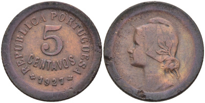Португалия 5 сентаво 1927 KM 572 бронза 117-343