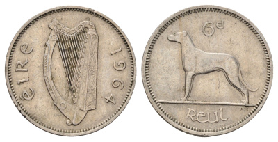 Ирландия 6 пенсов 1964 собака, ирландский волкодав KM 13a медно-никель 4682-557