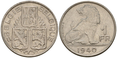 Бельгия 1 франк 1940 Belgie - Belgique KM 120 никель 217-853