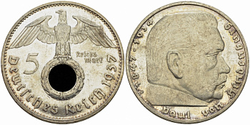 Германия 5 рейхсмарок 1937 D, монетный двор Мюнхен, Пауль фон Гинденбург J. 367, KM 94 серебро PROOF 00-000-00